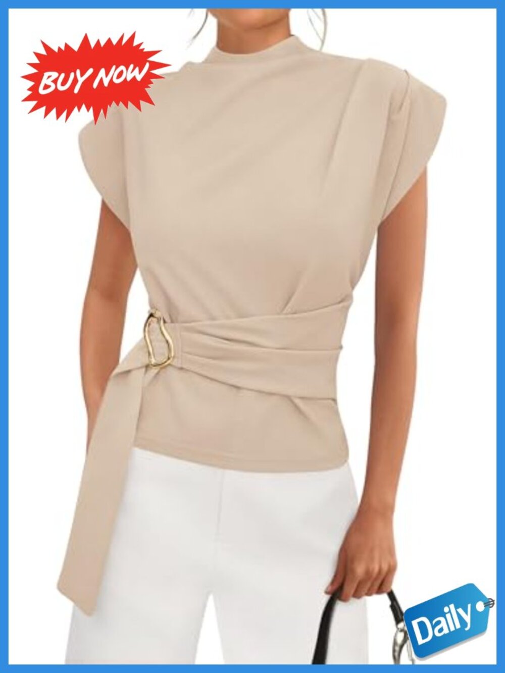 PRETTYGARDEN Women's Mock Neck Cap Sleeve Blouse with Gold Buckle Front Detail